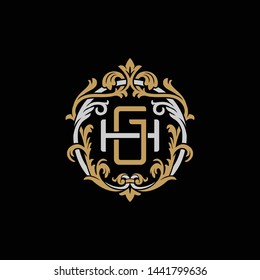 Initial letter H and G, HG, GH, decorative ornament emblem badge, overlapping monogram logo, elegant luxury silver gold color on black background