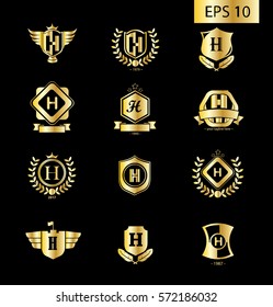 Initial Letter H Golden Logo with Shield Icon Set