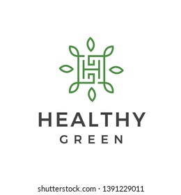 initial letter H green leaf health logo design inspiration