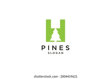 initial letter H with Hemlock, Evergreen, Pines, Spruce, Cedar trees logo design