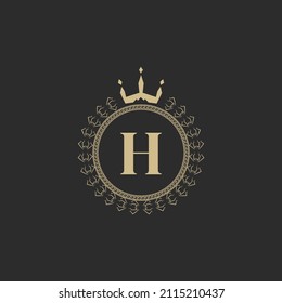 Letra inicial H marco real heráldico con corona y corona de laurel. Simple Emblema Clásico. Composición redonda. Estilo de gráficos. Elementos de arte para la ilustración de vectores de diseño de logotipos