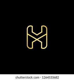 Initial letter H HH HX XH minimalist art logo, gold color on black background.
