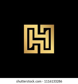Initial letter H HH minimalist art monogram shape logo, gold color on black background