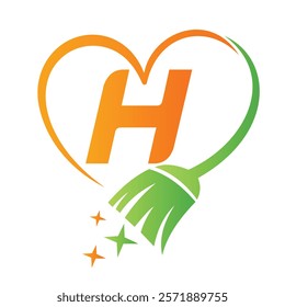 Initial Letter H House Clean Logo Concept With Cleaning Brush and Heart Symbol. Broom Sign