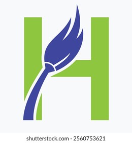 Initial Letter H House Cleaning Logo Concept With Clean Brush Symbol Vector Template