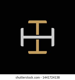 Initial letter H and I, HI, IH, overlapping interlock logo, monogram line art style, silver gold on black background