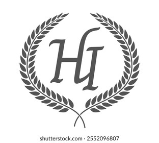 Letra inicial H e I, HI monograma logotipo design com coroa de louro. Fonte de caligrafia de luxo.