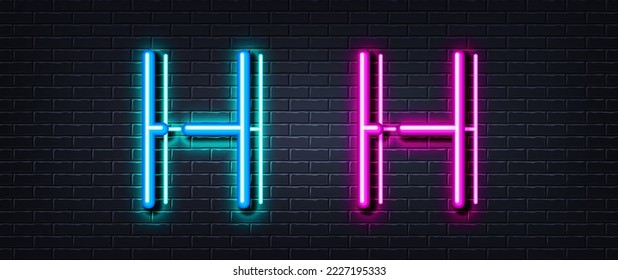 Initial letter H icon. Neon light line effect. Line typography character sign. Large first font letter. Glowing neon light element. Letter H glow 3d line. Brick wall banner. Vector
