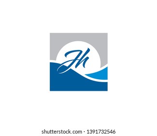 initial letter H J anagram logo inside a square with hill and sun