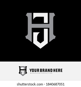 Initial letter H, J, HJ or JH overlapping, interlock, monogram logo, white and gray color on black background