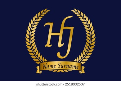 Initial letter H and J, HJ monogram logo design with laurel wreath. Luxury golden calligraphy font.