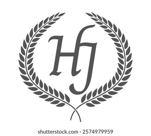 Initial letter H and J, HJ monogram logo design with laurel wreath. Luxury calligraphy font.