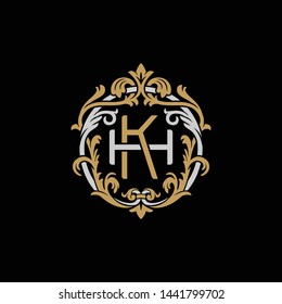 Initial letter H and K, HK, KH, decorative ornament emblem badge, overlapping monogram logo, elegant luxury silver gold color on black background