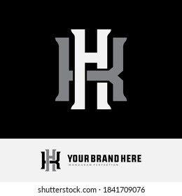 Initial letter H, K, HK or KH overlapping, interlock, monogram logo, white and gray color on black background