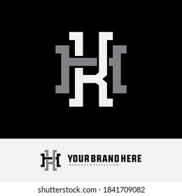 Letra inicial H, K, HK o KH solapadas, entrelazadas, logotipo monograma, color blanco y gris sobre fondo negro