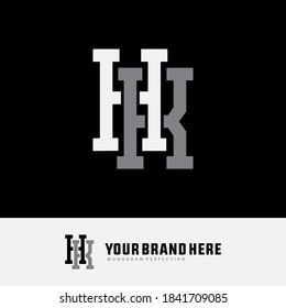 Initial letter H, K, HK or KH overlapping, interlock, monogram logo, white and gray color on black background
