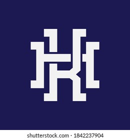 Letra inicial H, K, HK o KH solapadas, entrelazadas, logotipo monograma, color blanco sobre fondo azul