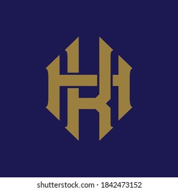 Initial letter H, K, HK or KH overlapping, interlock, monogram logo, gold color on blue background
