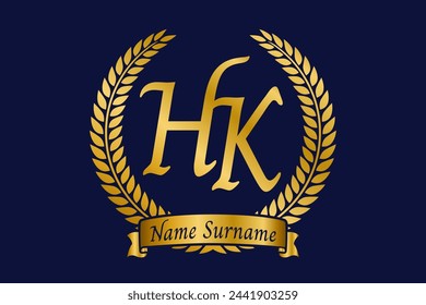 Initial letter H and K, HK monogram logo design with laurel wreath. Luxury golden calligraphy font.