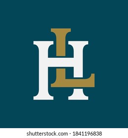 Letra inicial H, L, HL o LH superpuestas, enclavadas, logotipo monograma, color blanco y dorado sobre fondo verde