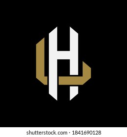 Initial letter H, L, HL or LH overlapping, interlock, monogram logo, white and gold color on black background
