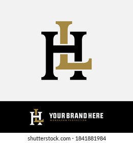 Initial letter H, L, HL or LH overlapping, interlock, monogram logo, black and gold color on white background