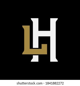 Initial letter H, L, HL or LH overlapping, interlock, monogram logo, white and gold color on black background
