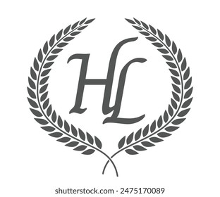 Initial letter H and L, HL monogram logo design with laurel wreath. Luxury calligraphy font.