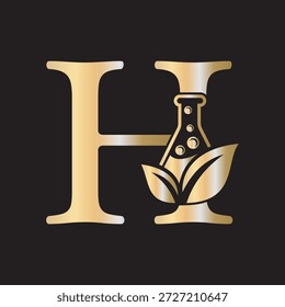 Letra inicial H desenho do logotipo de laboratório combinado com tubo de ensaio e símbolo de folha