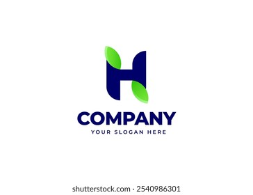 Initial Letter H with Leaf Icon Symbol Logo Inspiration. Green Leaf Symbol on Letter H Logo Design. Green and Natural Branding for Eco Business Identity. Alphabet Vector Logo Illustration.