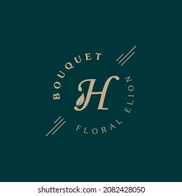 Inspiración en el diseño de la letra inicial H y la hoja para el logotipo de Bouquet vintage