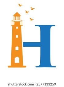Initial Letter H Light House Logo Design Vector Template