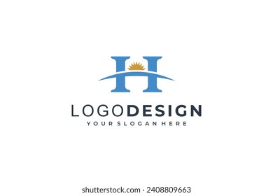 initial letter H logo design with sun icon