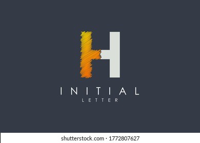 Initial Letter H Logo. White Geometric Shape with Hand Drawn Brush Sketch Art Combination isolated on Black Background. Usable for Business and Branding Logo. Flat Vector Logo Design Template Element