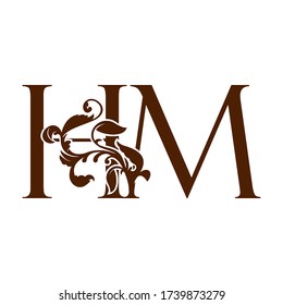 Initial Letter  H and M, HM luxury  logo icon, monogram vintage design template with tropical nature leaf element.