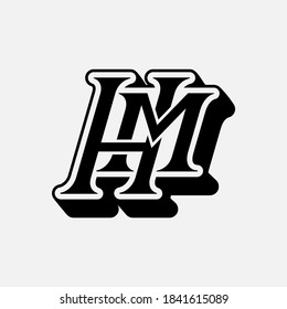 Initial letter H, M, HM or MH overlapping, interlock, monogram logo, black and white color on white background