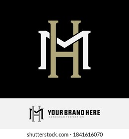 Letra inicial H, M, HM o MH superpuesta, enclavado, logotipo monograma, color blanco y crema sobre fondo negro