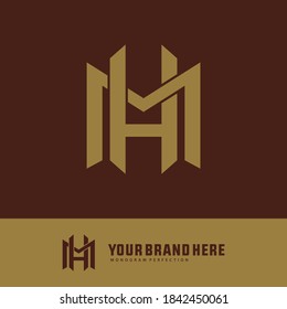 Letra inicial H, M, HM o MH superpuesta, enclavado, logotipo monograma, color dorado sobre fondo marrón
