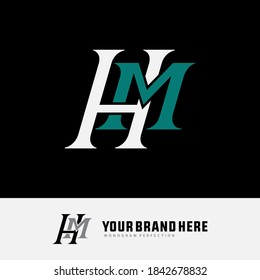 Letra inicial H, M, HM o MH superpuesta, enclavado, logotipo de monograma, color verde y blanco sobre fondo negro