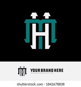 Letra inicial H, M, HM o MH superpuesta, enclavado, logotipo de monograma, color verde y blanco sobre fondo negro