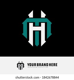 Letra inicial H, M, HM o MH superpuesta, enclavado, logotipo de monograma, color verde y blanco sobre fondo negro