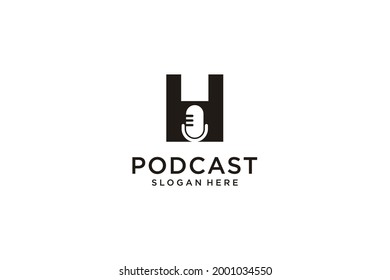 initial letter H with microphone podcast logo design template vector