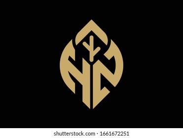Letra inicial H y N con símbolo del logotipo de hoja abstracta