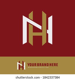 Initial letter H, N, HN or NH overlapping, interlock, monogram logo, gold and white color on red background