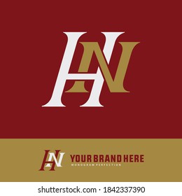 Anfangsbuchstaben H, N, HN oder NH, überlappend, Verriegelung, Monogramm-Logo, Gold-Weiß-Farbe auf rotem Hintergrund
