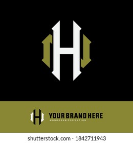 Initial letter H, N, HN or NH overlapping, interlock, monogram logo, green and white color on black background