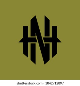 Initial letter H, N, HN or NH overlapping, interlock, monogram logo, black color on green background