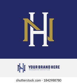 Initial letter H, N, HN or NH overlapping, interlock, monogram logo, gold and white color on blue background