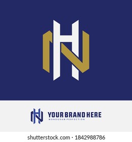 Initial letter H, N, HN or NH overlapping, interlock, monogram logo, gold and white color on blue background