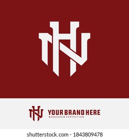 Initial letter H, N, HN or NH overlapping, interlock, monogram logo, white color on red background